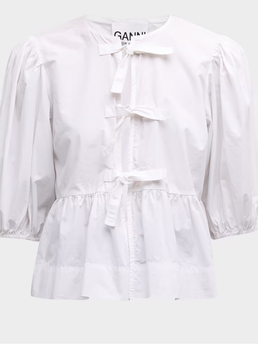 Ganni White Cotton Poplin Tie-Front Peplum Blouse